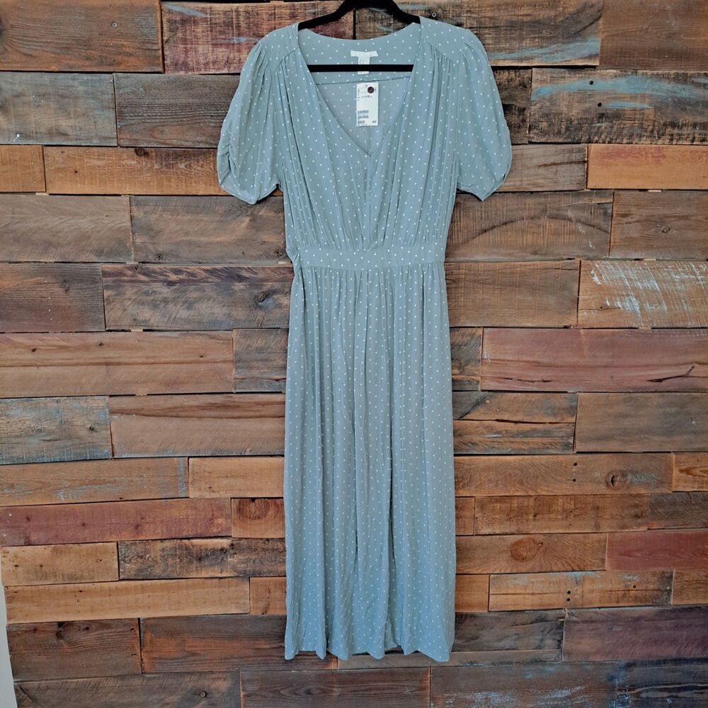 H&M Women's Long Light Green Spring Dress White Polka Dots Sz 10 90's Vtg Look‎